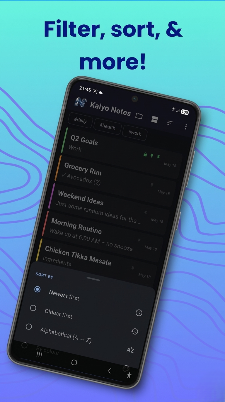Kaiyo Notes Android app dark mode toggle